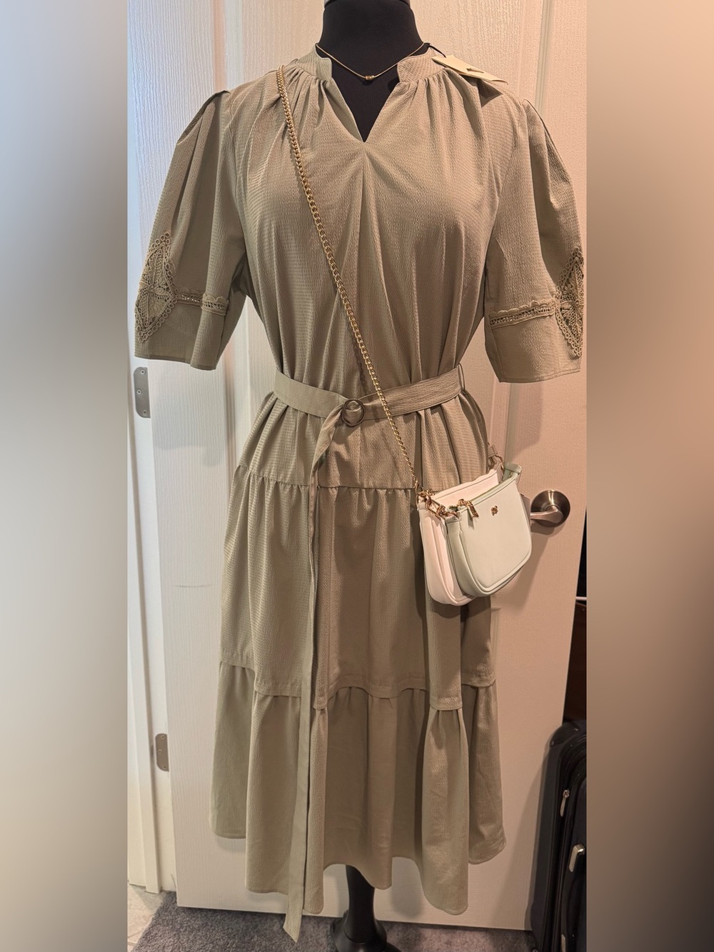Sage Tiered Midi Dress with Self Belt, House of Little Bunny bag and necklace